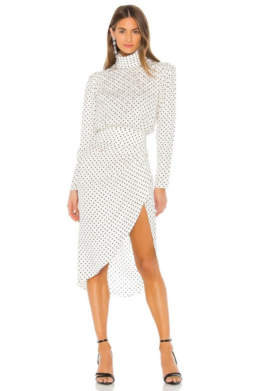 Ronny Kobo Kiara White Polka Dot Print Asymmetric Long Sleeve Turtleneck Dress M
